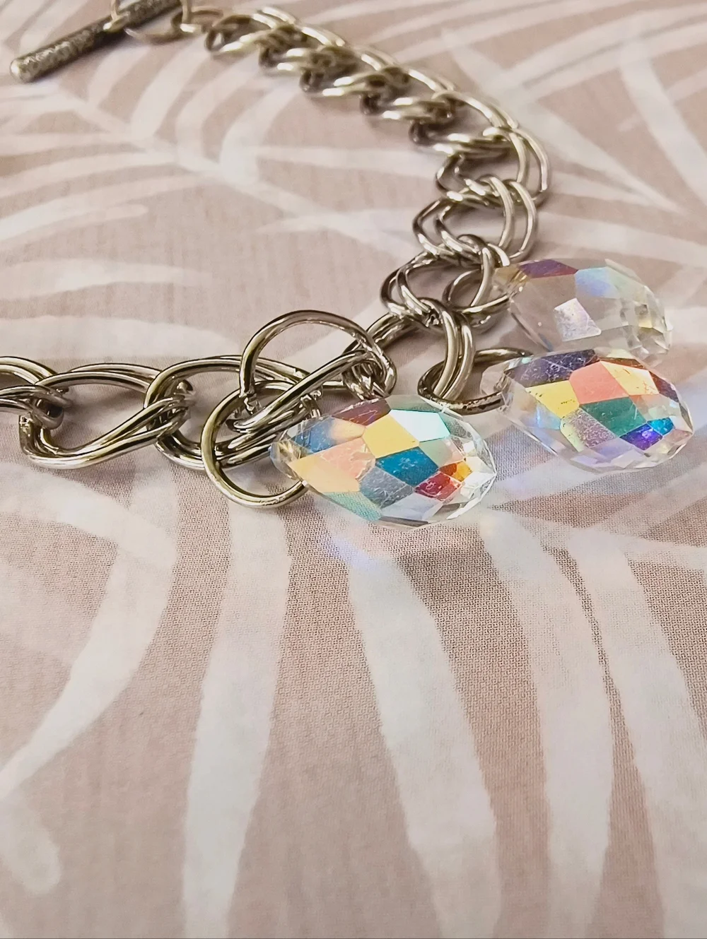 Handmade Iridescent AB Crystal Teardrop Charm Bracelet - Nickel Free Silver - Picture 2 of 4